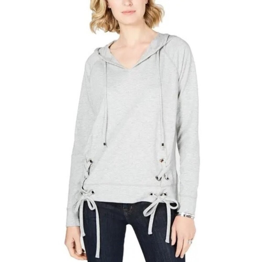 Michael Kors Hoodie Gray Lace Up Grommet Long Sleeve Tee Sweatshirt